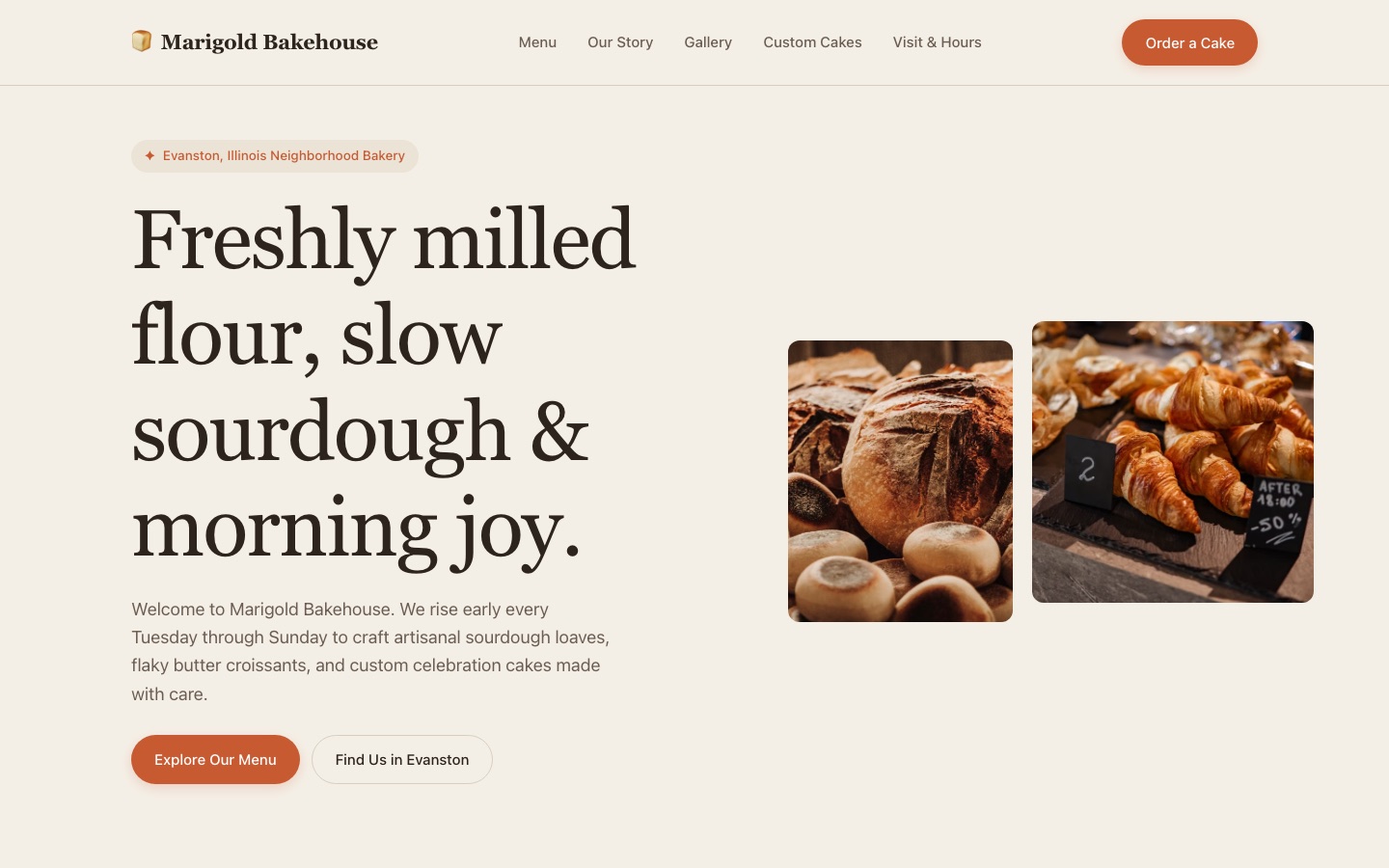 Marigold Bakehouse — Bakery website, desktop