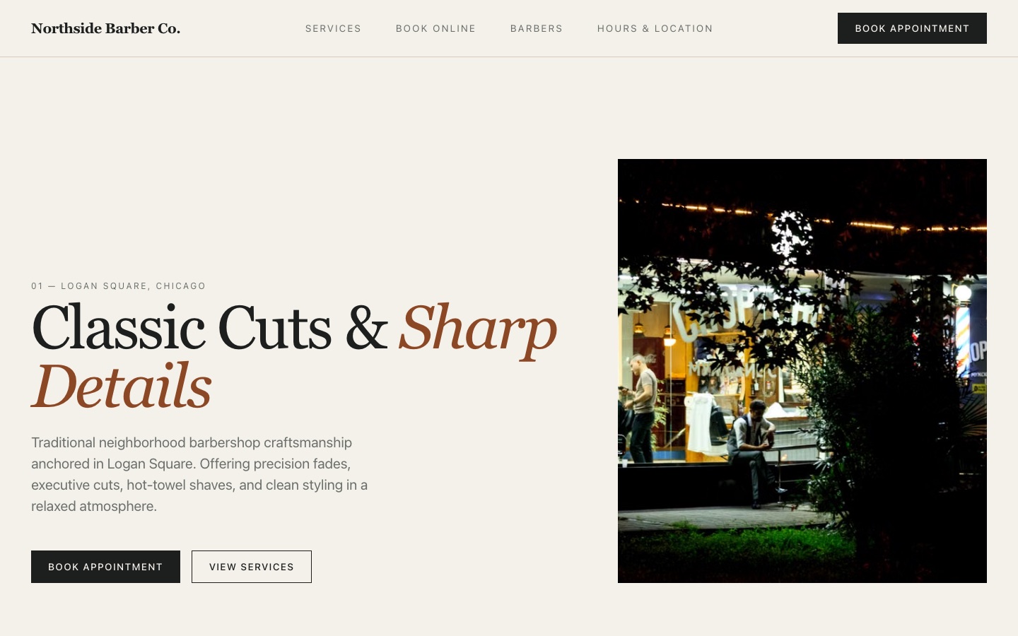 Northside Barber Co. — Barbershop website, desktop