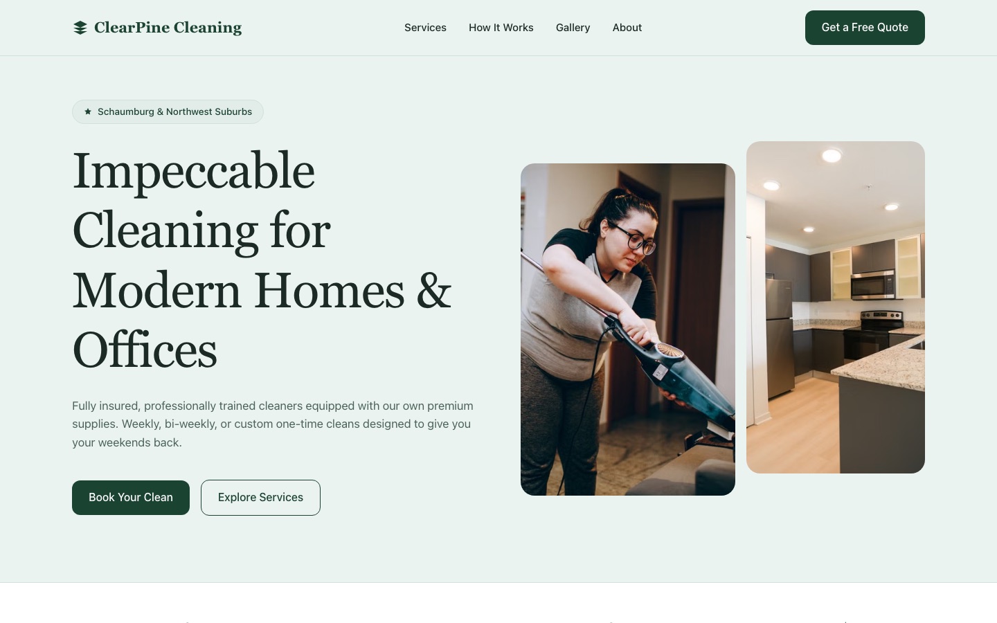 ClearPine Cleaning — Cleaning service website, desktop