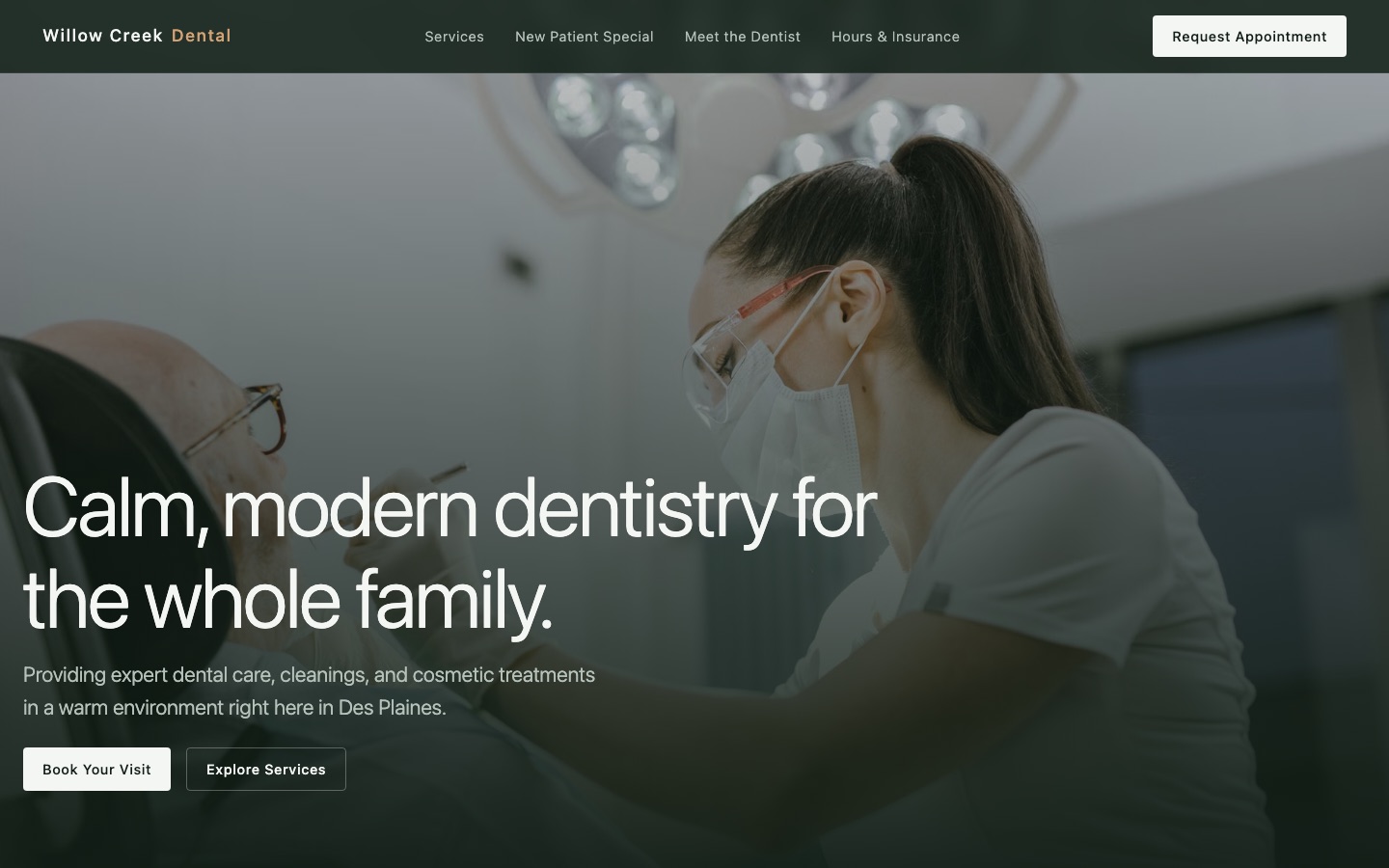 Willow Creek Dental — Dental office website, desktop