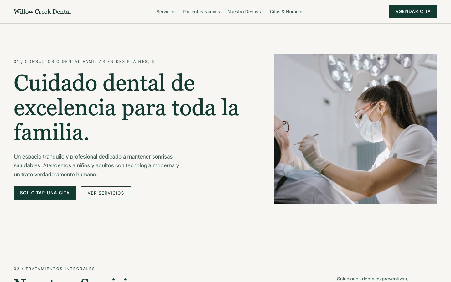 Willow Creek Dental — Consultorio dental website, desktop