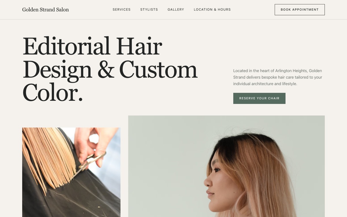 Golden Strand Salon — Hair salon website, desktop
