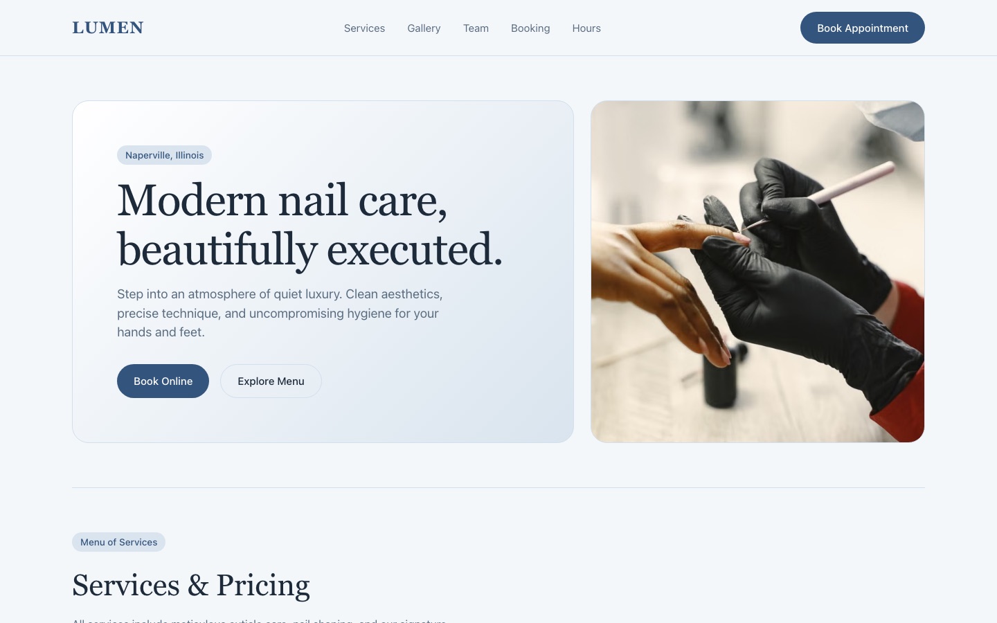 Lumen Nail Studio — Nail salon website, desktop