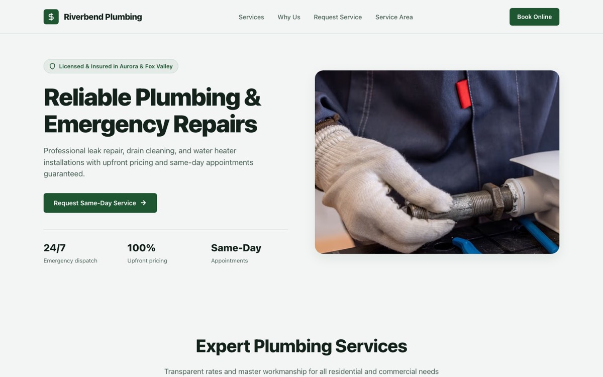 Riverbend Plumbing Co. — Plumber website, desktop