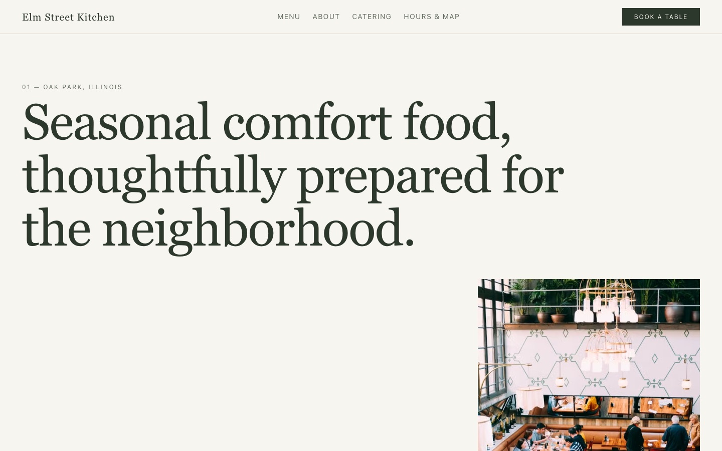 Elm Street Kitchen — Restaurant website, desktop