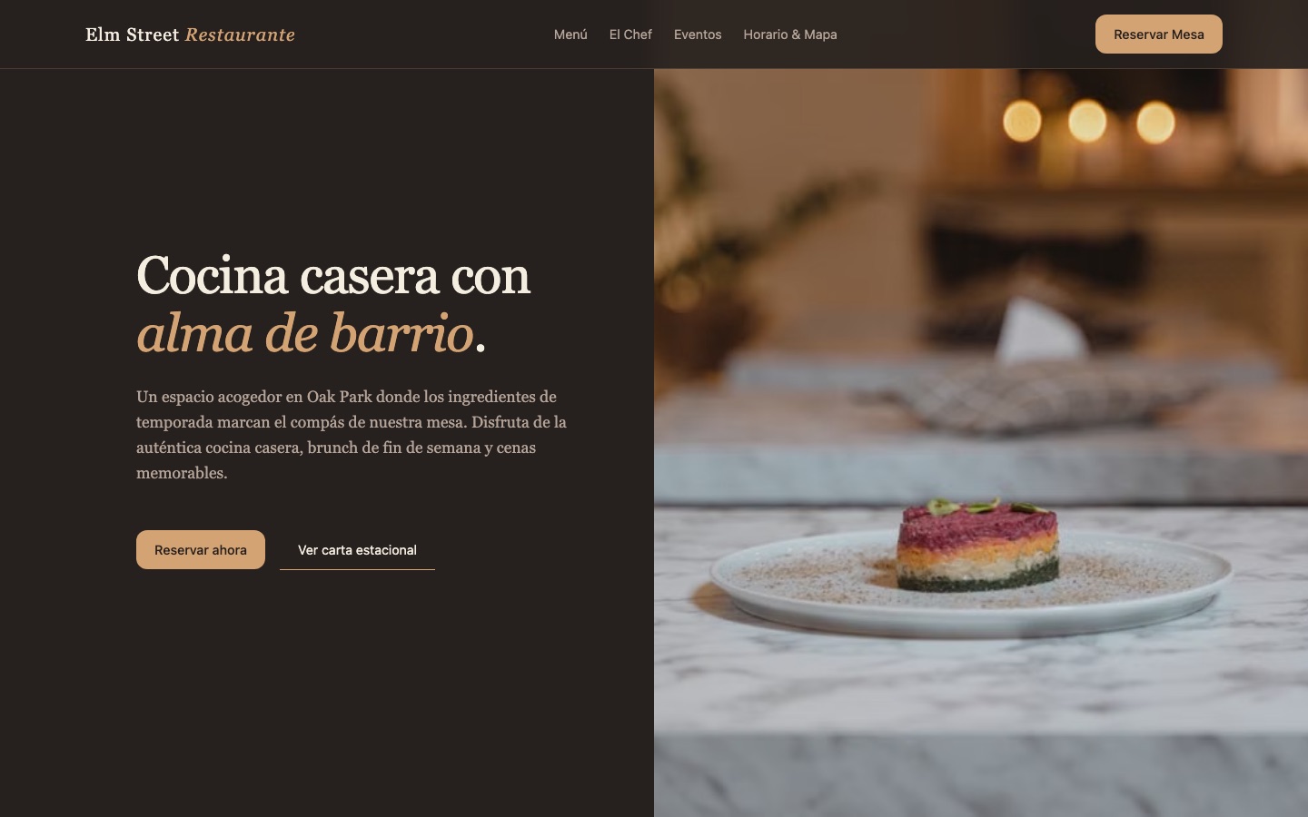 Restaurante Elm Street — Restaurante website, desktop