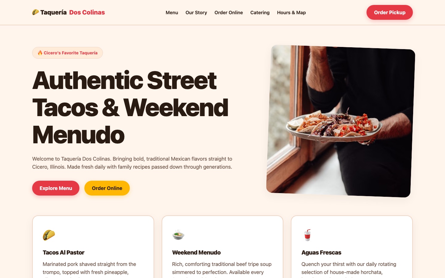 Taquería Dos Colinas — Taquería website, desktop