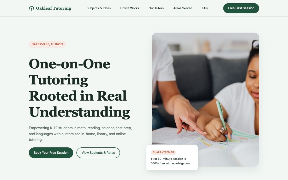Oakleaf Tutoring — Tutoring website, desktop