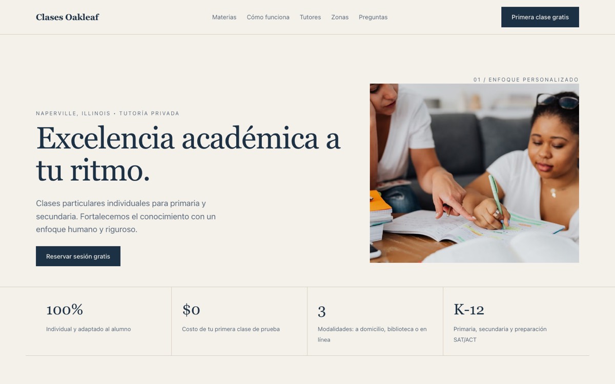 Clases Oakleaf — Clases particulares website, desktop